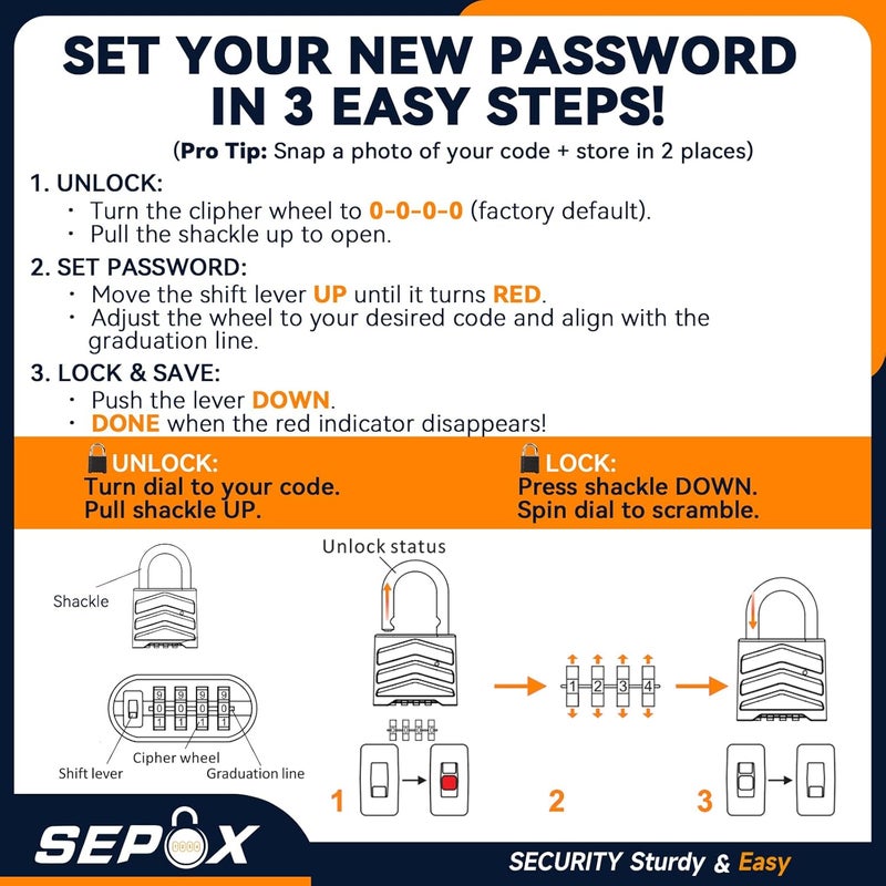 SEPOX 4PCS Large Combination Padlock, Outdoor Combo Lock 2.2" 55mm Heavy Duty Weatherproof, Ressetable 4 Digital, Security Aluminum Body, Uncuttable Shackle, for Warehouse, Home, School, Gate, Garden - Image 5